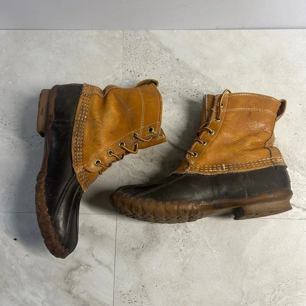 LL Bean Duck Boots Brown Womens 8 Vintage 6 inch Leather Rubber Rain Boots